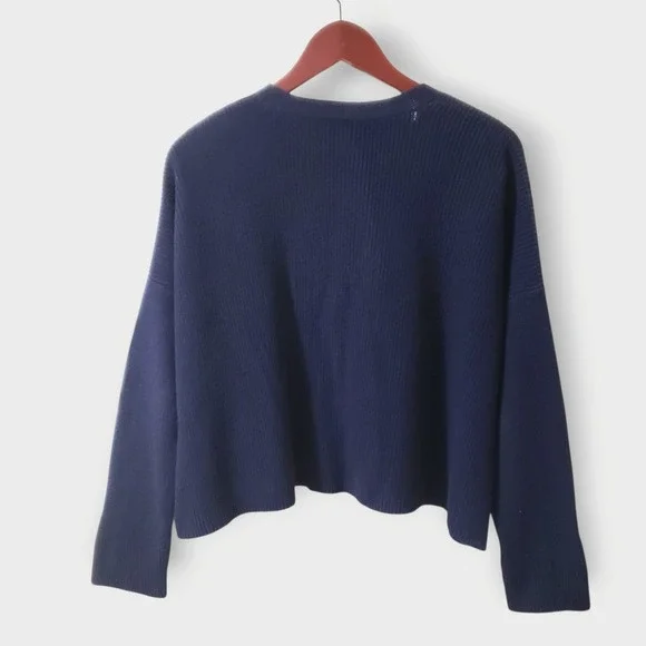SOLD-Eileen Fisher Organic Cotton Hemp Cardigan Ribbed Boxy Cropped Sz M Navy - Picture 5 of 11